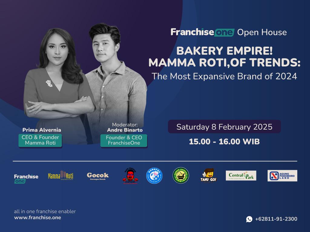FranchiseOne Open House, day two, Bakery Empire, featuring Prima Alvernia (CEO & Founder of Mamma Roti), moderated by Andre Binarto (founder & CEO FranchiseOne)
