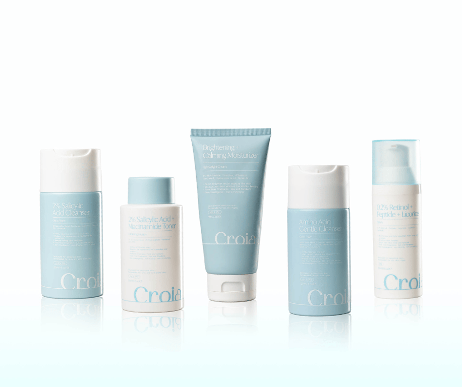 (From left to right): 2% Salicylic Acid Cleanser, 2% Salicylic + Niacinamide Toner, Brightening + Calming Moisturizer + Amino Acid Gentle Cleanser, 0.2% Retinol + Peptide, Licorice.