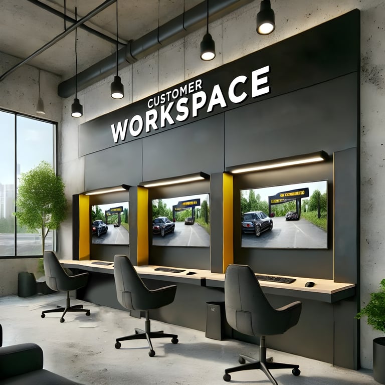 CUSTOMER WORKSPACE MONRŌ CLEANPARK  Monrō CleanPark menyediakan area kerja pelanggan yang nyaman dan modern. area ini memungkinkan pelanggan untuk tetap produktif sambil menunggu kendaraan mereka dicuci. Suasana yang tenang dan profesional menjadi bagian dari pengalaman layanan kelas atas yang dihadirkan oleh Monrō CleanPark.