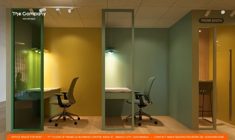 At the new Makati branch, focus pods and private phone booths offer members a quiet retreat for calls and deep work—part of The Company’s commitment to flexible, modern workspaces for startups, freelancers and BPOs.