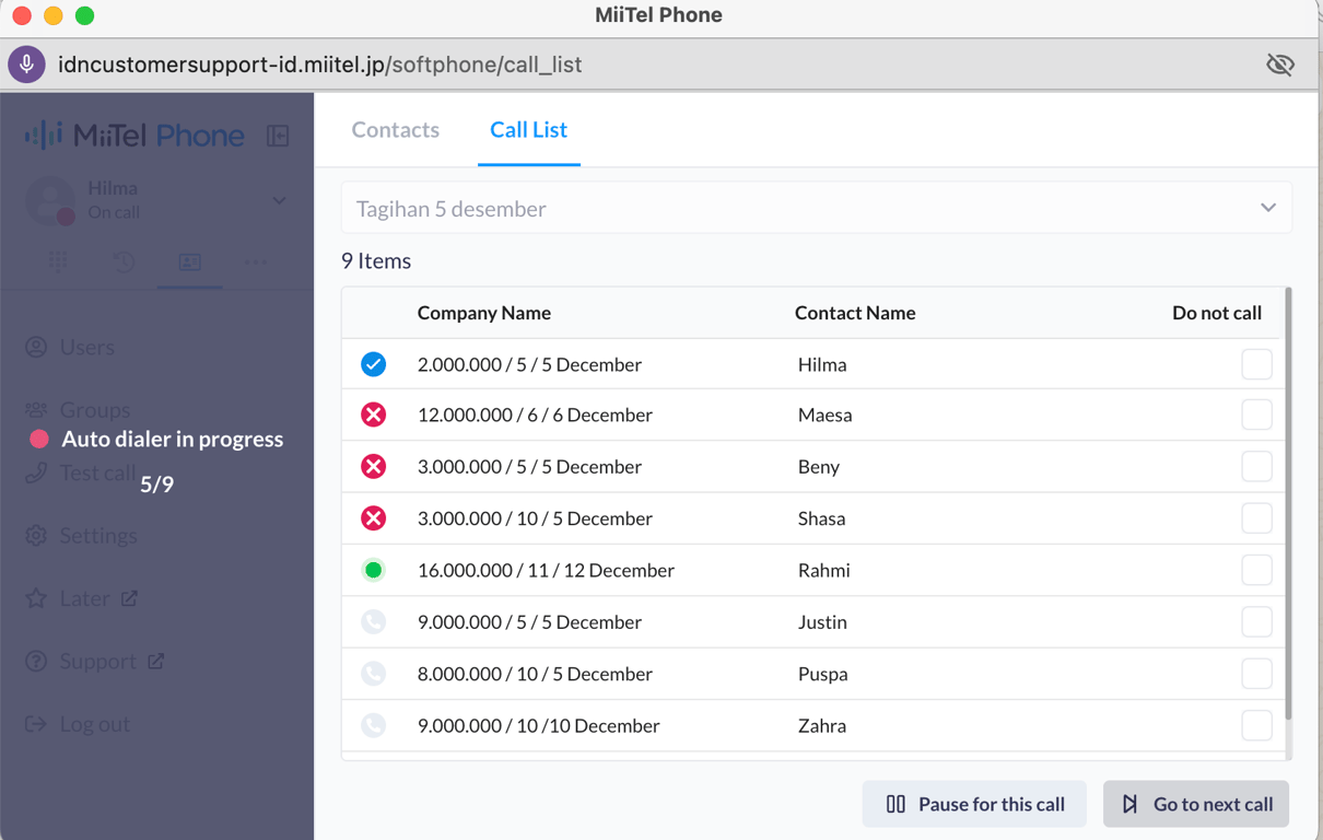 Tampilan proses Auto Dialer pada Softphone MiiTel
