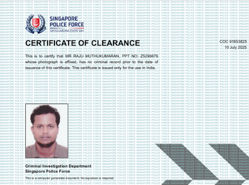 Sertifikat ‘clearance’ atas nama Raju Muthukumaran, diterbitkan oleh Kepolisian Singapura. Foto: Istimewa