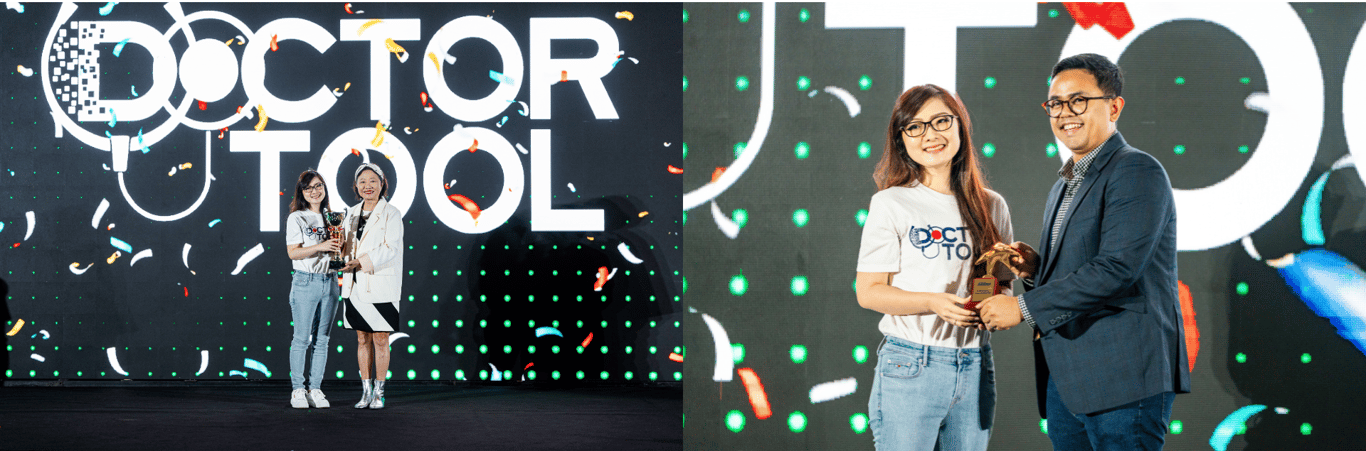 Penerimaan Piala Penghargaan Ketiga dan Crowd Favorite oleh Elisa Yoshigoe Wijaya, Chief Commercial Officer & Co-Founder DoctorTool, bersama para juri Christina Teo (kiri) dan Faiz Rahman (kanan). Sumber: Tech in Asia
