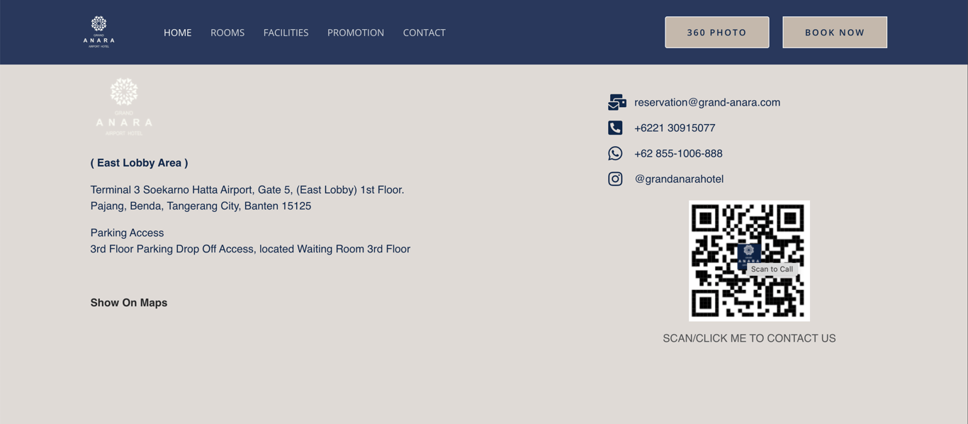 Tampilan MiiTel Scan to Call pada website Grand Anara Airport Hotel