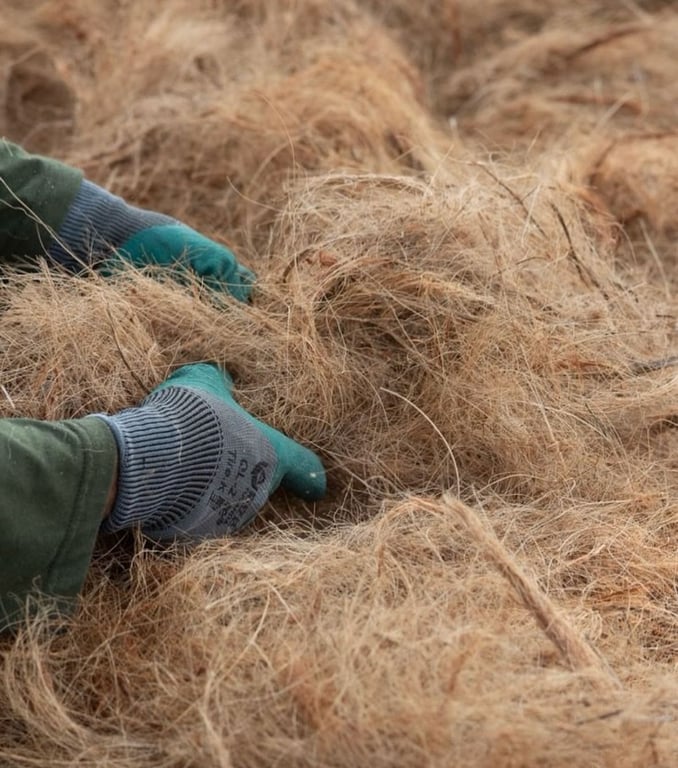 Coconut mulching enriches the soil and supports biodiversity, reflecting Treelogy's commitment to regenerative farming practices.