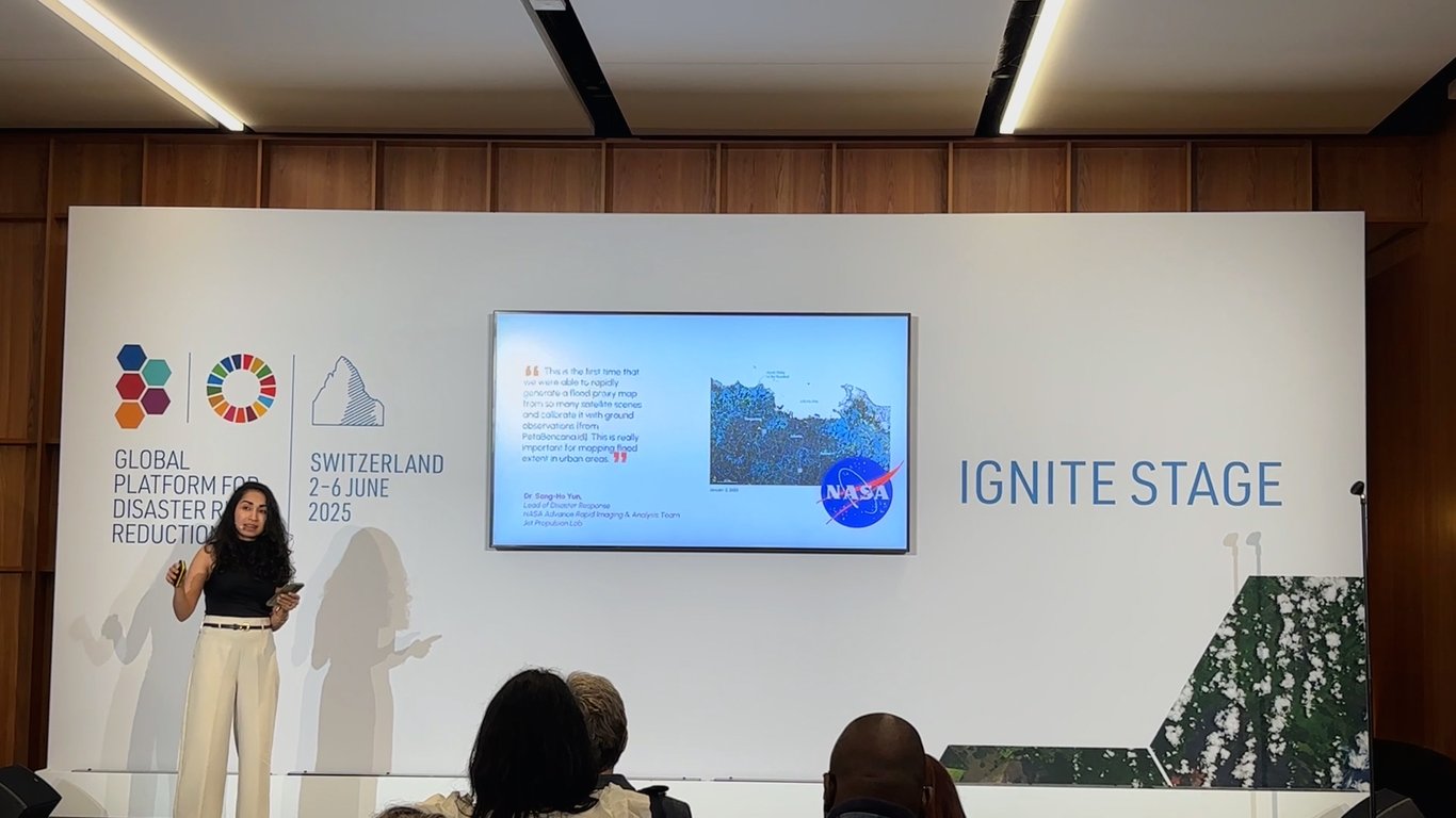 Nashin Mahtani, Direktur Yayasan Peta Bencana, menyajikan gambaran Peta Gotong Royong di platform global PBB untuk pengurangan risiko bencana di Jenewa, di mana platform tersebut mendapatkan banyak pengakuan di tingkat global sebagai inovasi terkemuka dalam teknologi iklim.