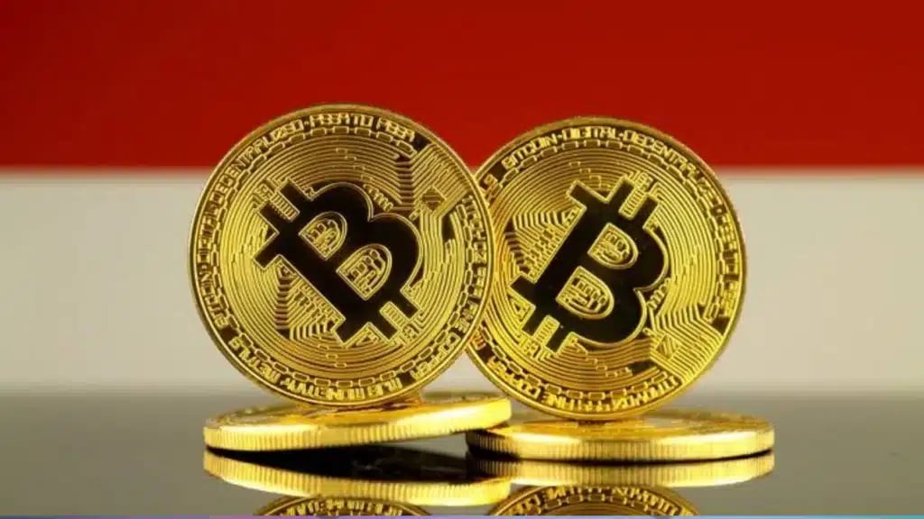 Ilustrasi bendera Indonesia dengan aset kripto Bitcoin (BTC).
