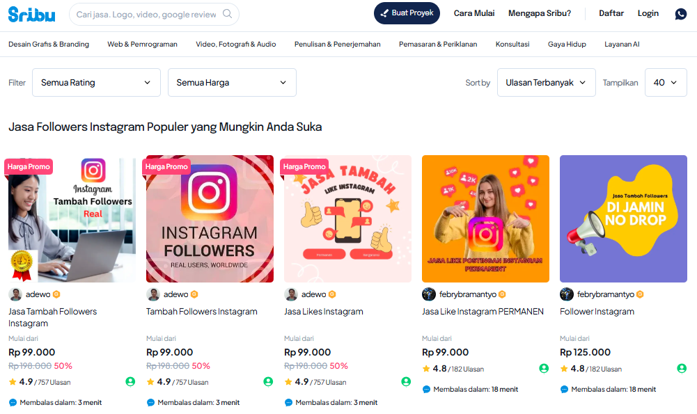 Jasa beli followers aman & permanen di Sribu
