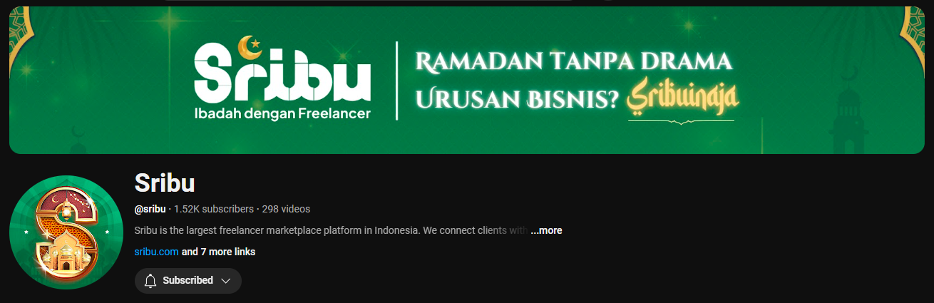 Tampilan bagian header channel YouTube Sribu