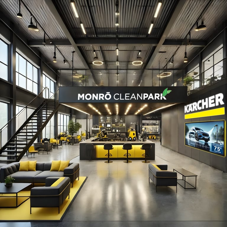 DESAIN INTERIOR AREA TUNGGU MODERN MONRŌ CLEANPARK yang menawarkan suasana ruang tunggu modern dan nyaman. Dengan konsep Industrial, area ini dilengkapi fasilitas self service digital station, panel informasi produk, dan lounge eksklusif. Kenyamanan pelanggan menjadi prioritas, Monitor Visual interaktif menciptakan pengalaman cuci kendaraan yang lebih menyenangkan dan inovatif.