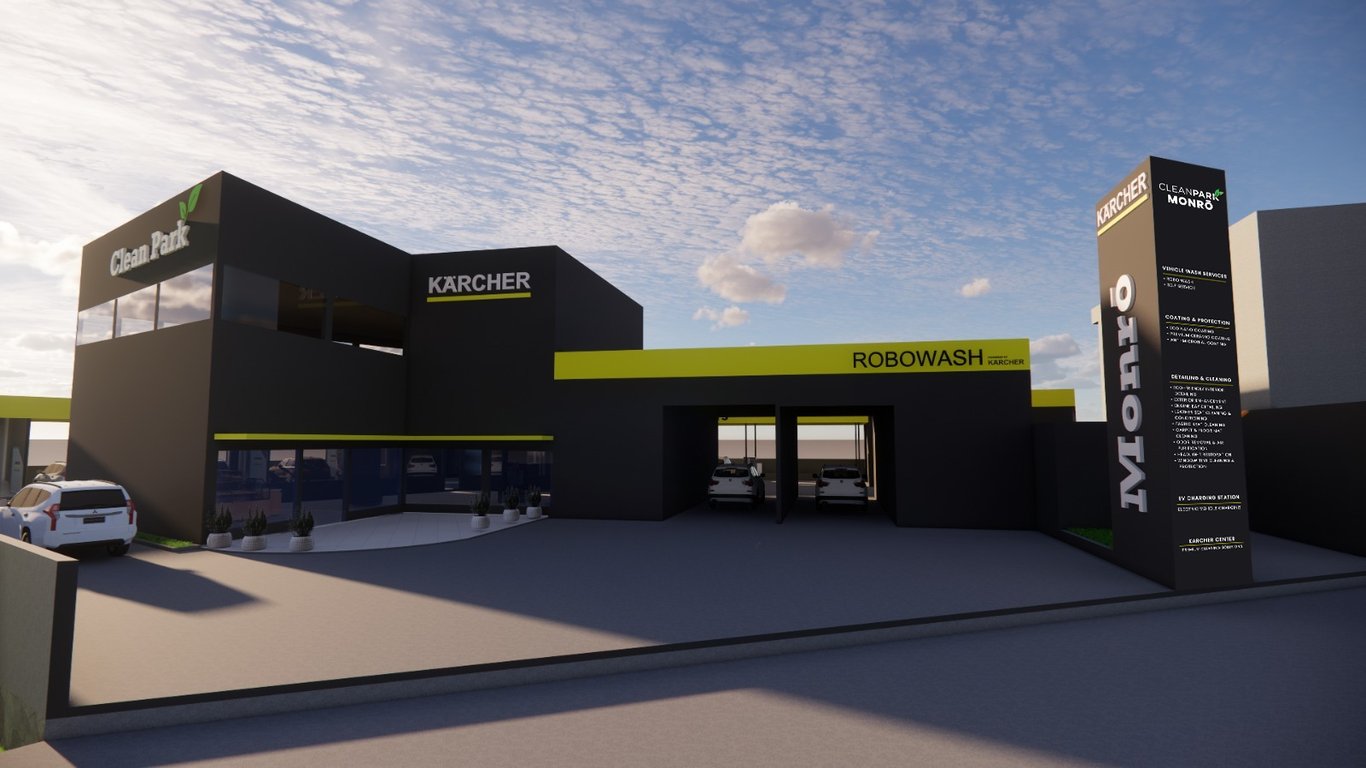 DESAIN MONRŌ CLEANPARK - KOLABORASI DENGAN KARCHER Tampilan fasad Monrō CleanPark yang elegan dan modern, didukung oleh teknologi pencucian kendaraan dari Karcher. Dengan konsep desain industrial dan fasilitas canggih seperti Robowash, Monrō CleanPark siap menghadirkan layanan cuci kendaraan otomatis yang efisien dan ramah lingkungan bagi pelanggan di Indonesia.