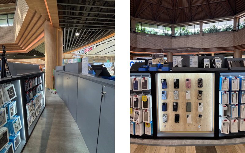 Material utama yang digunakan adalah kayu natural pada area dinding dan display, dipadukan dengan finishing abu gelap pada counter. Ruang display dirancang dengan pencahayaan LED tersembunyi untuk menonjolkan produk. Area ini juga dilengkapi dengan kabinet tertutup yang menyatu dengan bentuk booth.