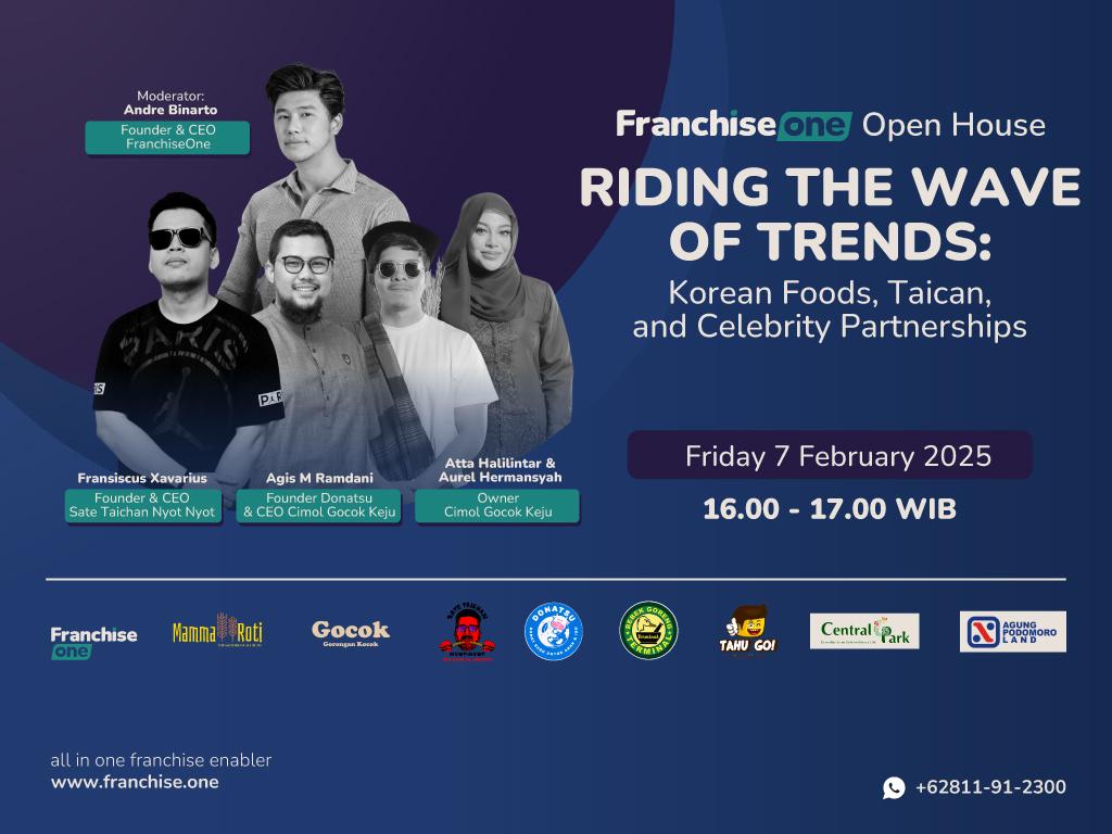 FranchiseOne Open House, day one, Riding the wave of trends. Andre Binarto (Founder & CEO FranchiseOne), Fransiscus Xavarius (Founder & CEO Sate Taichan NyotNyot), Agis M Ramdani (Founder Donatsu & CEO Cimol Gocok Keju), Atta Halilintar & Aurel Hermansyah (Owner Cimol Gocok Keju)