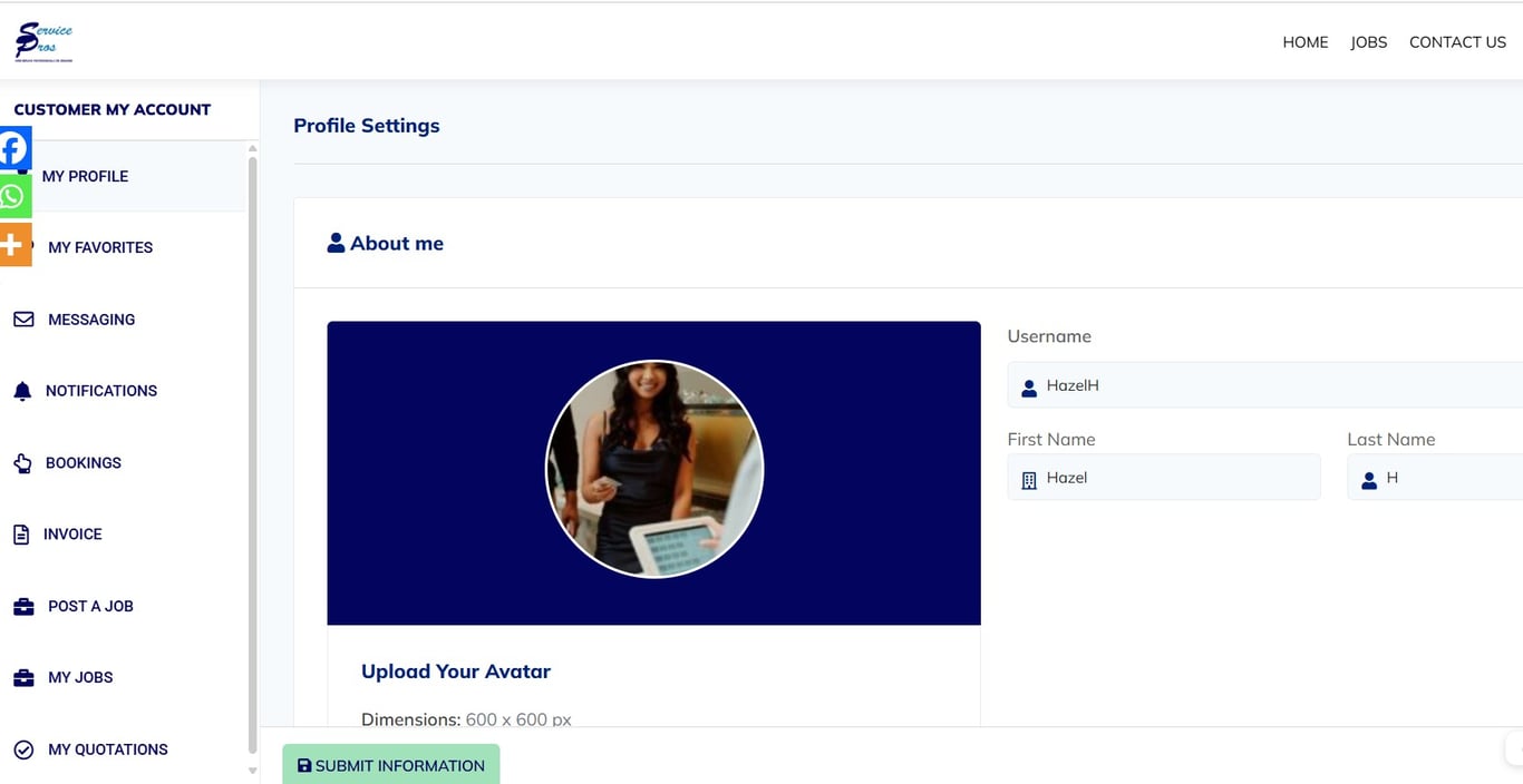 A customer’s account organizes their favorite service providers, allows them to post a job and invite service providers to a job, and receive quotes in an organized manner for an informed decision