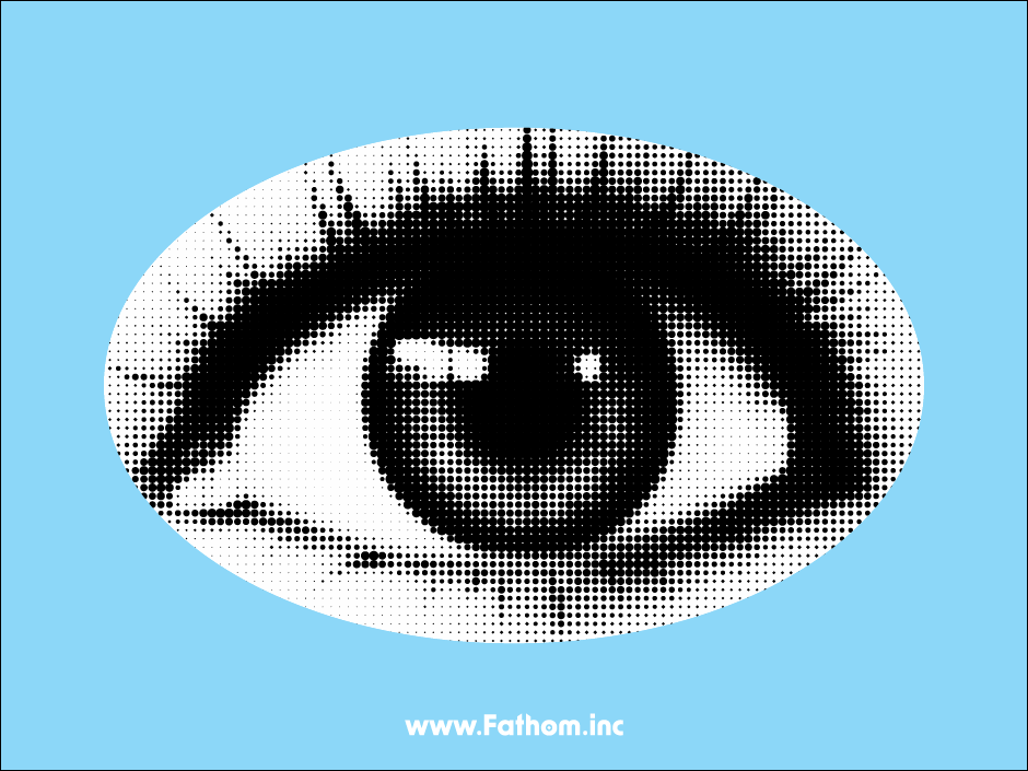 Introducing Fathom Insights Solutions: a single halftone black and white pop art eye set against Fathom's signature sky blue backdrop. This design captures our laser-focused research approach, symbolizing clarity and precision.