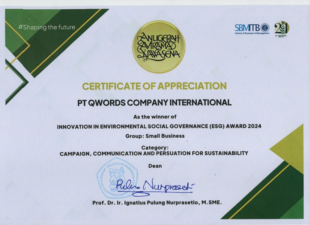Sertifikat penghargaan ESG Awards Anugerah Avirama Nawasena (AAN). Dok. Istimewa.