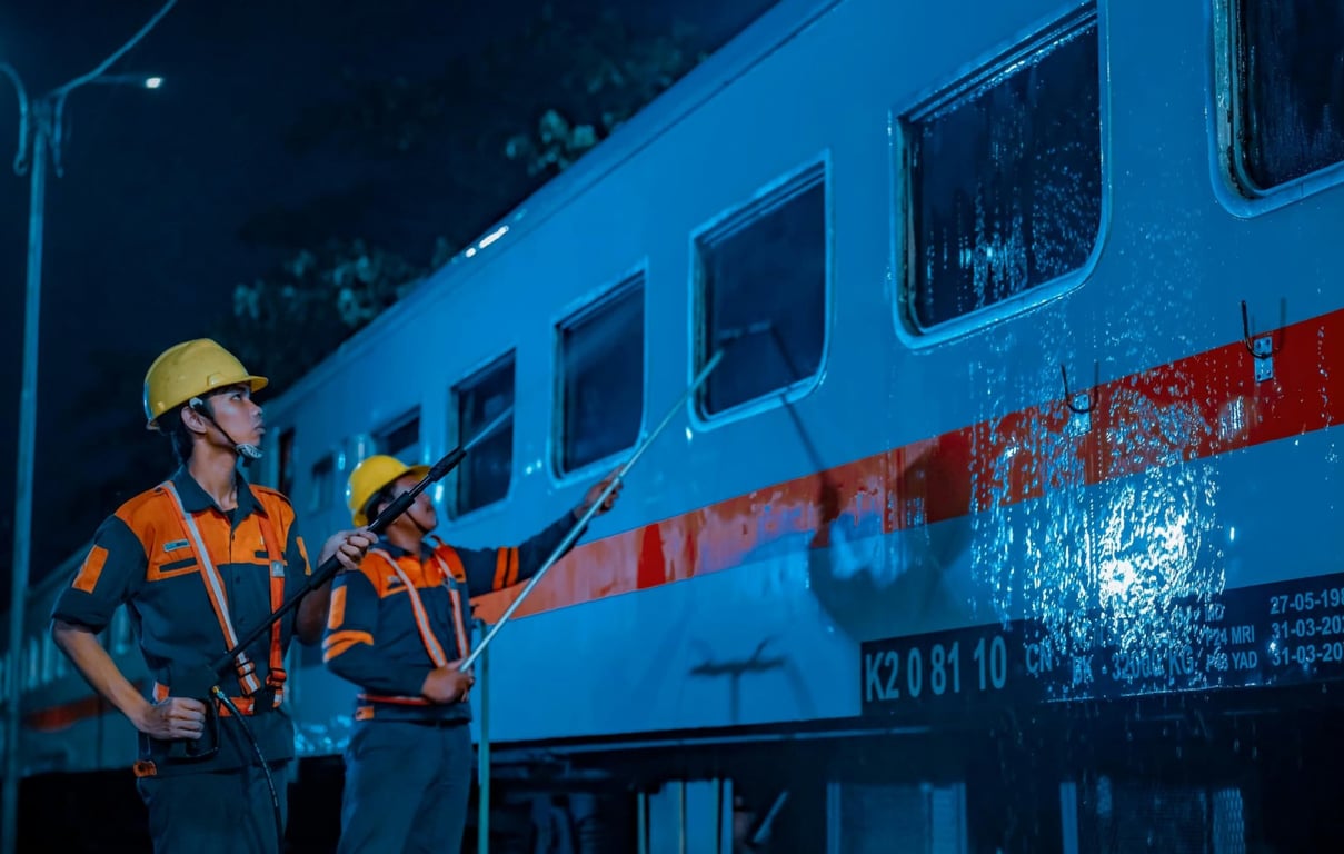 Petugas Kebersihan Kereta melakukan Cuci Kereta di Emplasemen Stasiun Pasar Senen