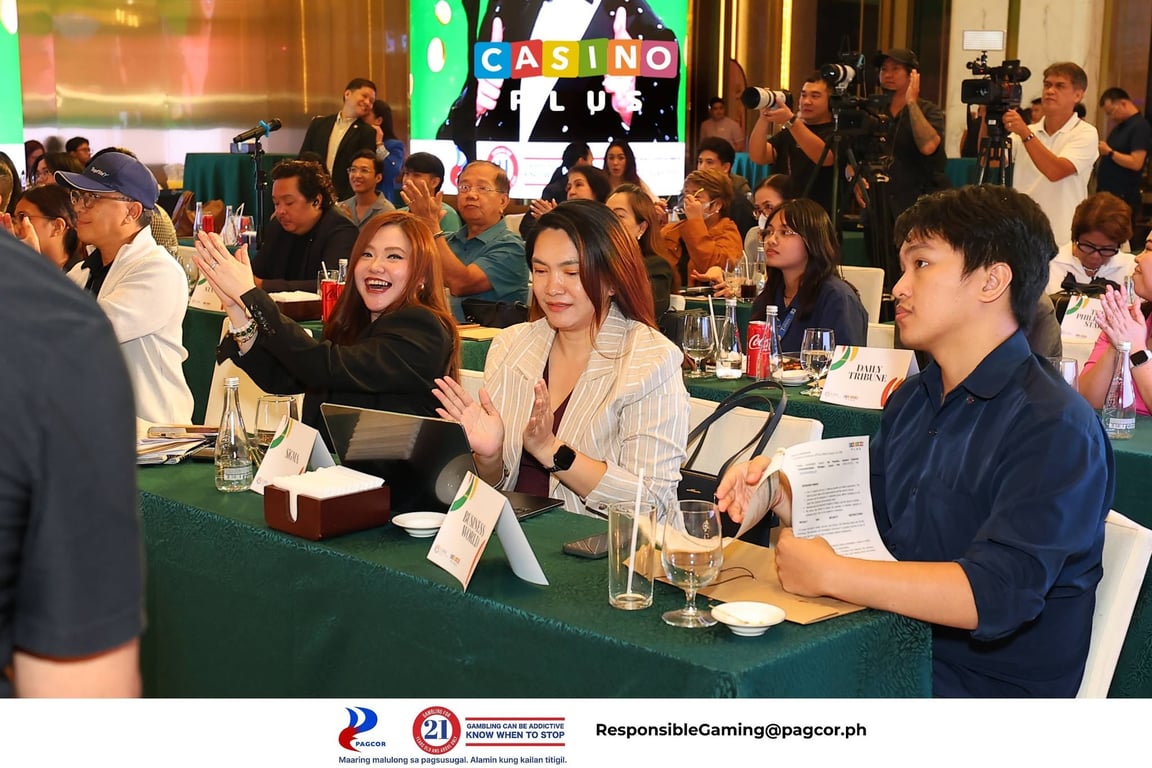 Casino Plus Corporate Communications Director Joanna Christina Tinio (left) along with other members of the media during the ceremonial jackpot turnover on Sept. 9, 2026.