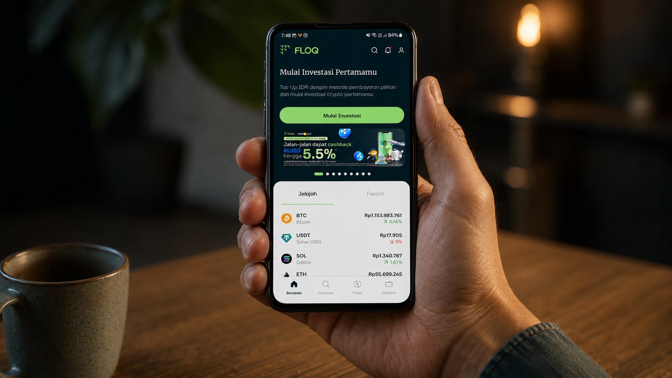 Ilustrasi FLOQ, platform jual-beli aset kripto Bitcoin yang banyak diminati oleh investor di Indonesia. Foto: FLOQ.