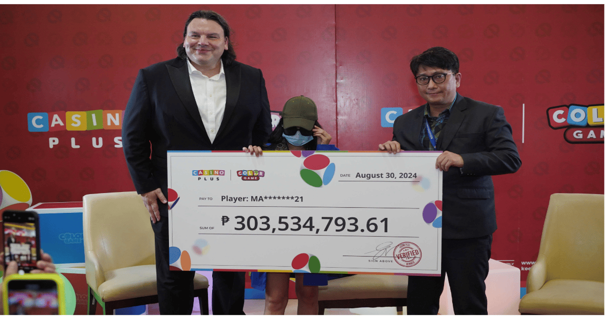CDC Assistant VP for Business Enhancement Rodem R. Perez and Casino Plus CEO Evan Spytma handed over the ceremonial&nbsp;check for the winner of the P303 million jackpot under Color Game in 2025.