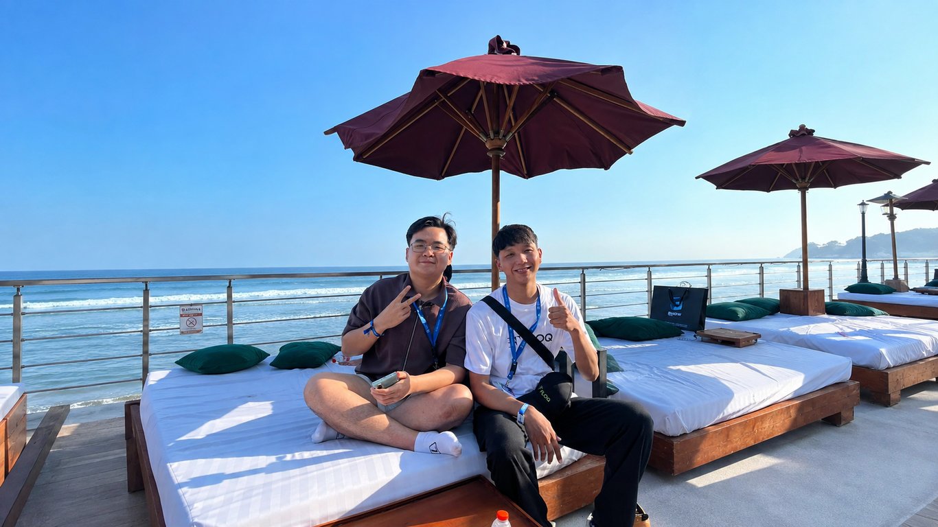 Rayyan berfoto dengan salah satu influencer kripto di Coinfest Asia 2026. Sumber: FLOQ.