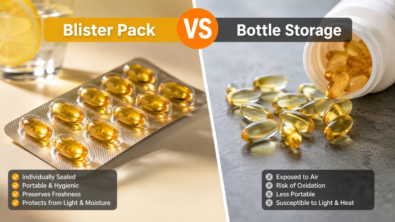 Comparison between fish oil blister pack and bottle storage, highlighting individual sealing for better stability and protection against oxidation.