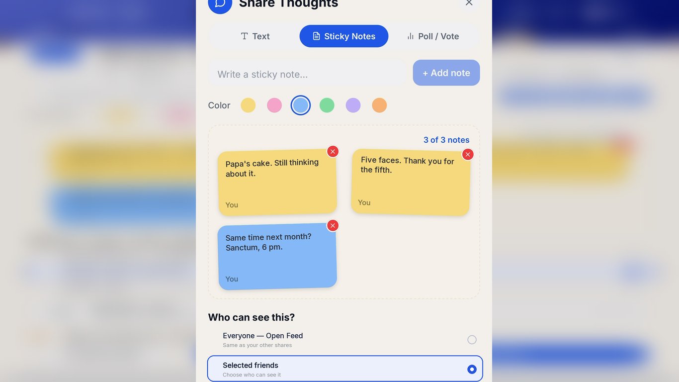 Sticky notes on a thoughts board in the Sanct Social app. Real app screen.