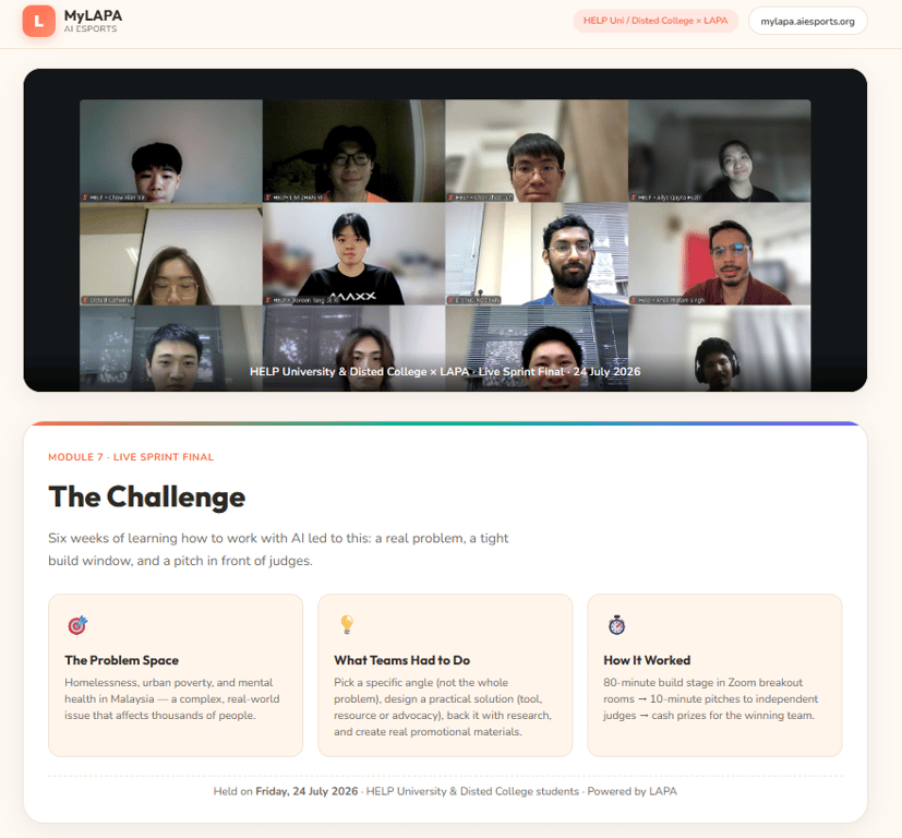 An Example of Live Online Hackathon that paired Help University, Disted College with Industry Problems. This is one of the many online sessions that Solve by LapaLabs organises to pair student talent with industry&nbsp;