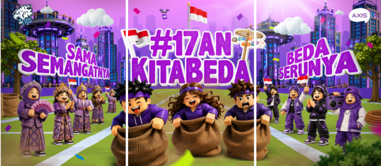 Rangkaian visual kampanye #17anKitaBeda di AXIS LAND, menghadirkan perayaan Hari Kemerdekaan RI dengan cara baru yang interaktif melalui aktivitas seperti Speedrun Battle dan Fashion Week. (Dok. AXIS & EVOS Esports)