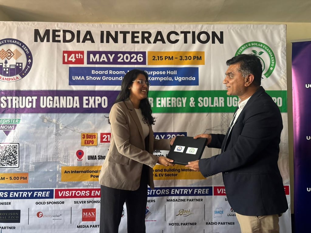 Mr. Trushar Upadhyay, Sr. Advisor, Advisory Board – Power, Energy & Solar Uganda Expo and Construct Uganda Expo, presenting a Token of Appreciation to Mansi Gaur, Spokesperson, Max Group.