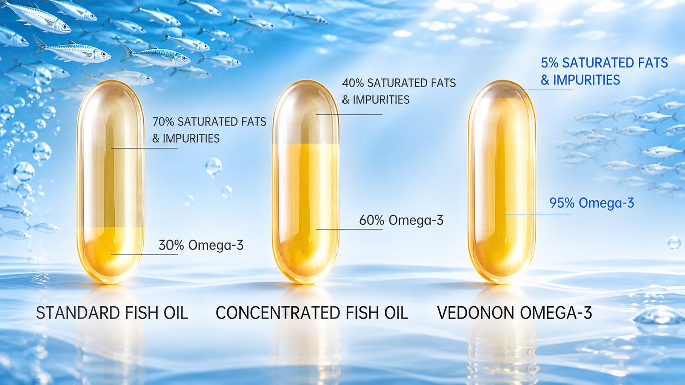 Fish oil purity chart comparing active Omega-3 content versus saturated fats and impurities in different supplement grades.