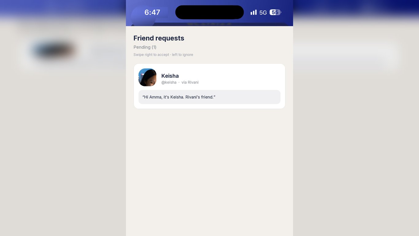 Friend requests in the Sanct Social app: one pending request with its message, swipe right to accept. Real app screen.