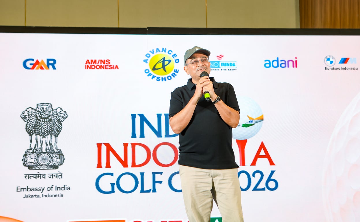 Duta Besar India untuk Indonesia, Sandeep Chakravorty memberikan sambutan pada Gala Dinner India–Indonesia Golf Cup 2026 di Pondok Indah Golf Course, Jakarta, Sabtu (22/8/2026).