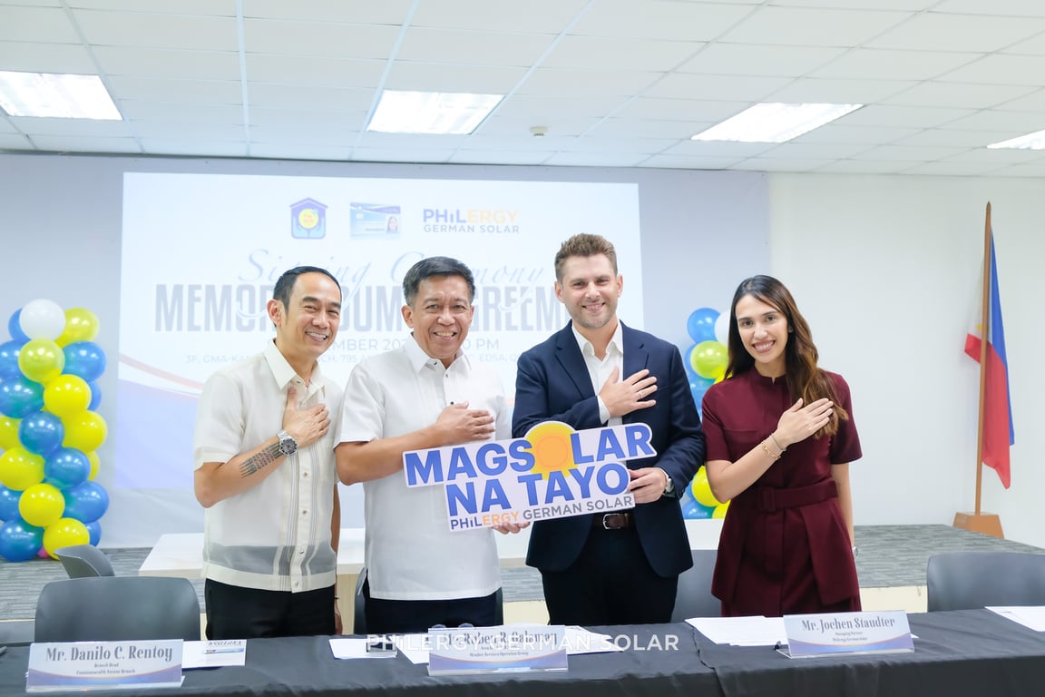 Representatives from Pag-IBIG and PHILERGY German Solar during the Signing Ceremony (L-R: Mr. Danilo Rentoy, Branch Head: Pag-IBIG Commonwealth Avenue Branch; Mr. Ruben Galamay, Area Head, Pag-IBIG Member Services Operations Group NCR-North; Mr. Jochen Staudter, Managing Partner: PHILERGY German Solar; Ms. Arezo Staudter, Managing Partner: PHILERGY German Solar)
