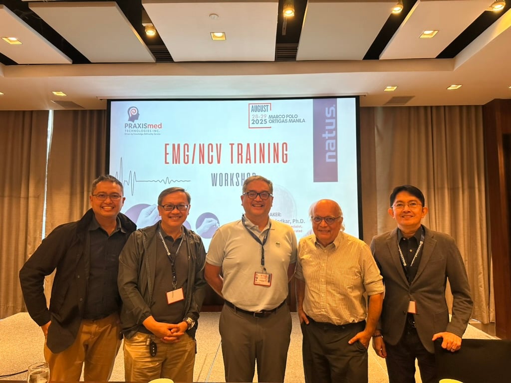 From left to right: Julius German, Dr. Paciano Reyes, Dr. Ludwig Damian, Dr. Sanjeev Nandedkar, and Dr. Renald Ramiro during the Praxismed EMG/NCV Training Workshop.