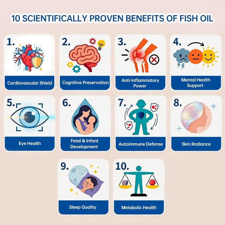 Infographic illustrating the 10 scientifically proven benefits of Omega-3 fish oil