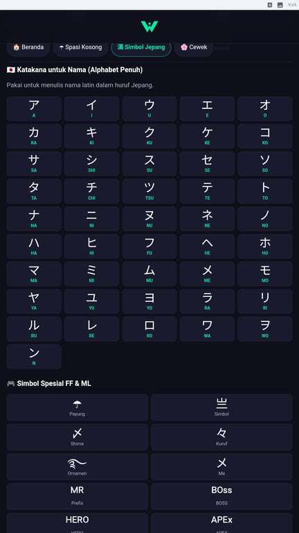 Pustaka simbol Jepang dan simbol spesial FF & ML di Kerenin Nama, tersedia untuk membantu gamer membuat nickname yang lebih unik.