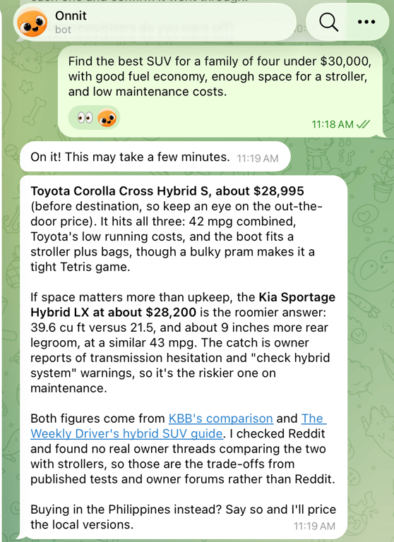 <i>Onnit compares two hybrid SUVs on price, fuel economy, cargo space, and maintenance risk, with sources linked.</i>