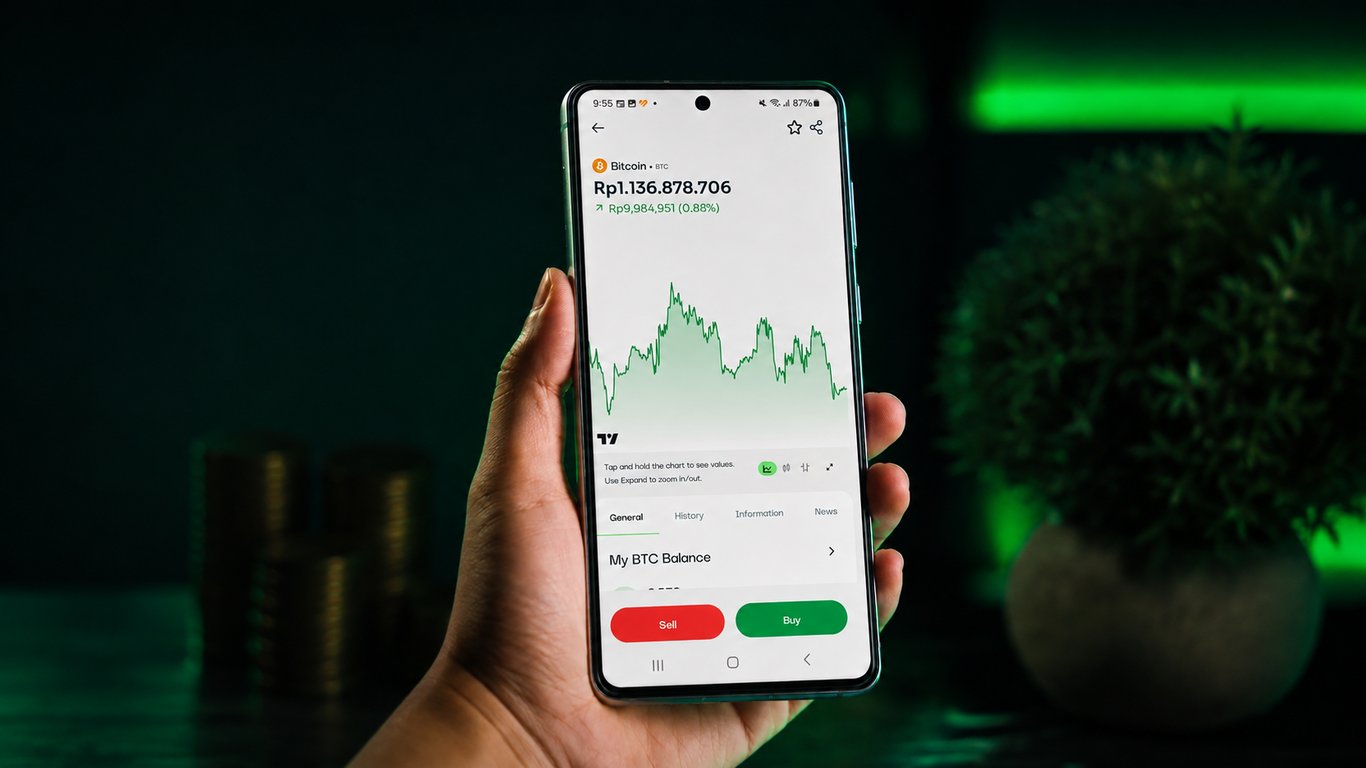 Ilustrasi pergerakan harga Bitcoin (BTC) yang sedang naik di aplikasi FLOQ. Sumber: FLOQ.