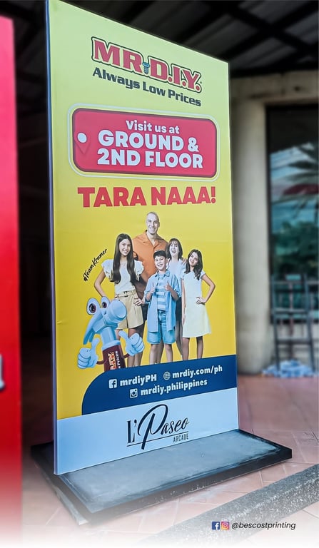 Bescost Printing | Colorful standee promoting store locations and family-friendly shopping at L'Paseo Arcade.