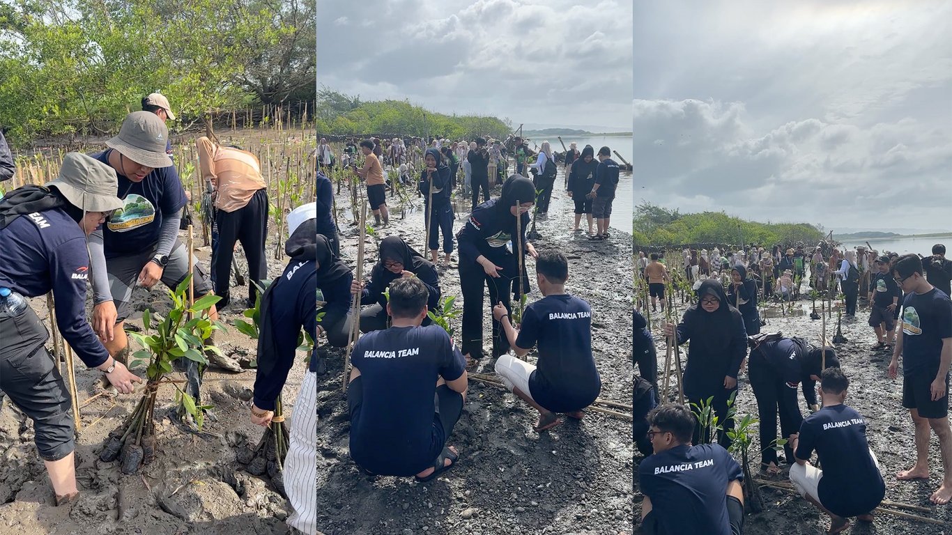 Para peserta mengikuti program penanaman mangrove.