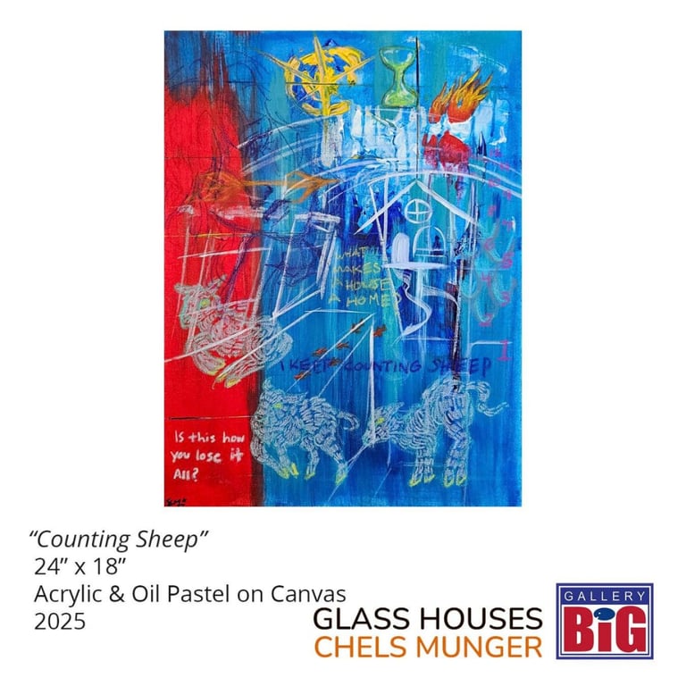 “Counting Sheep” by Chels Munger, 24 x 18 in, Acrylic and Oil on Canvas (2025) |&nbsp;