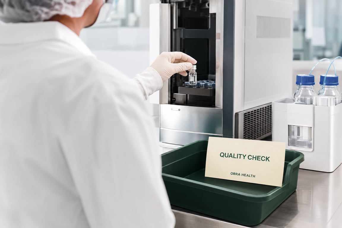 An editorial illustration of the independent pharmaceutical quality-testing process used to assess selected medication samples.