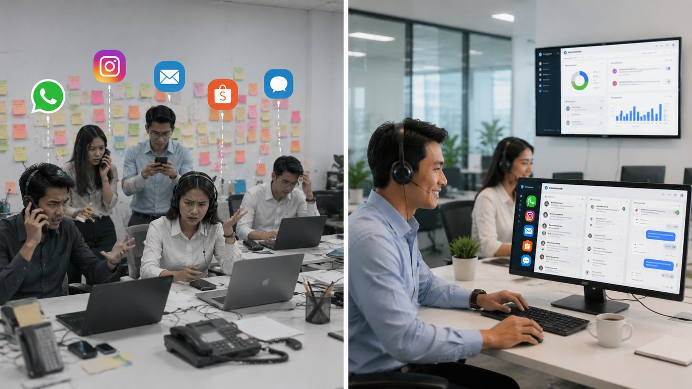 Ilustrasi tim Customer Service sebelum & sesudah menggunakan Sistem Omnichannel.