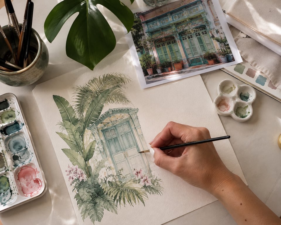 Original watercolor artwork developed by Island Whisper Atelier as the starting point for a bespoke commission inspired by Singapore.
