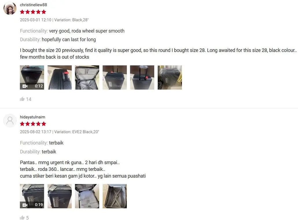 Customer reviews on Shopee point to strong satisfaction with Case Valker's build quality, smooth-rolling wheels, and overall value.