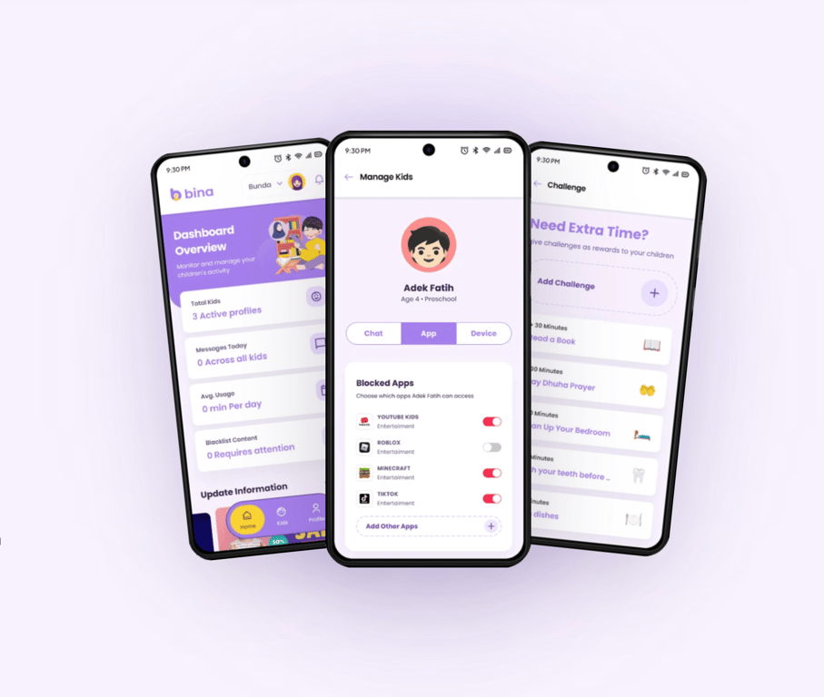 Tampilan platform Bina Kids untuk mendampingi dan mengelola aktivitas digital anak menggunakan AI.