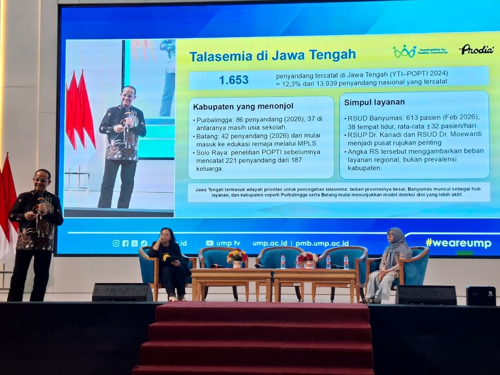Klinisi Patologi Klinik/Dokter Spesialis Imunologi Prof. Tonang Dwi Ardyanto, dr., SpPK, Subsp. IK(K), PhD, FISQua, CHAE memberi paparan materi tentang thalassemia dalam acara Seminar dan Kuliah Umum Interprofessional Education (IPE) bertajuk Thalassemia & Skrining Thalassemia dan Kesehatan Pra Nikah di Auditorium Ukhuwah Islamiyah UMP, Kamis (17/9/2026).
