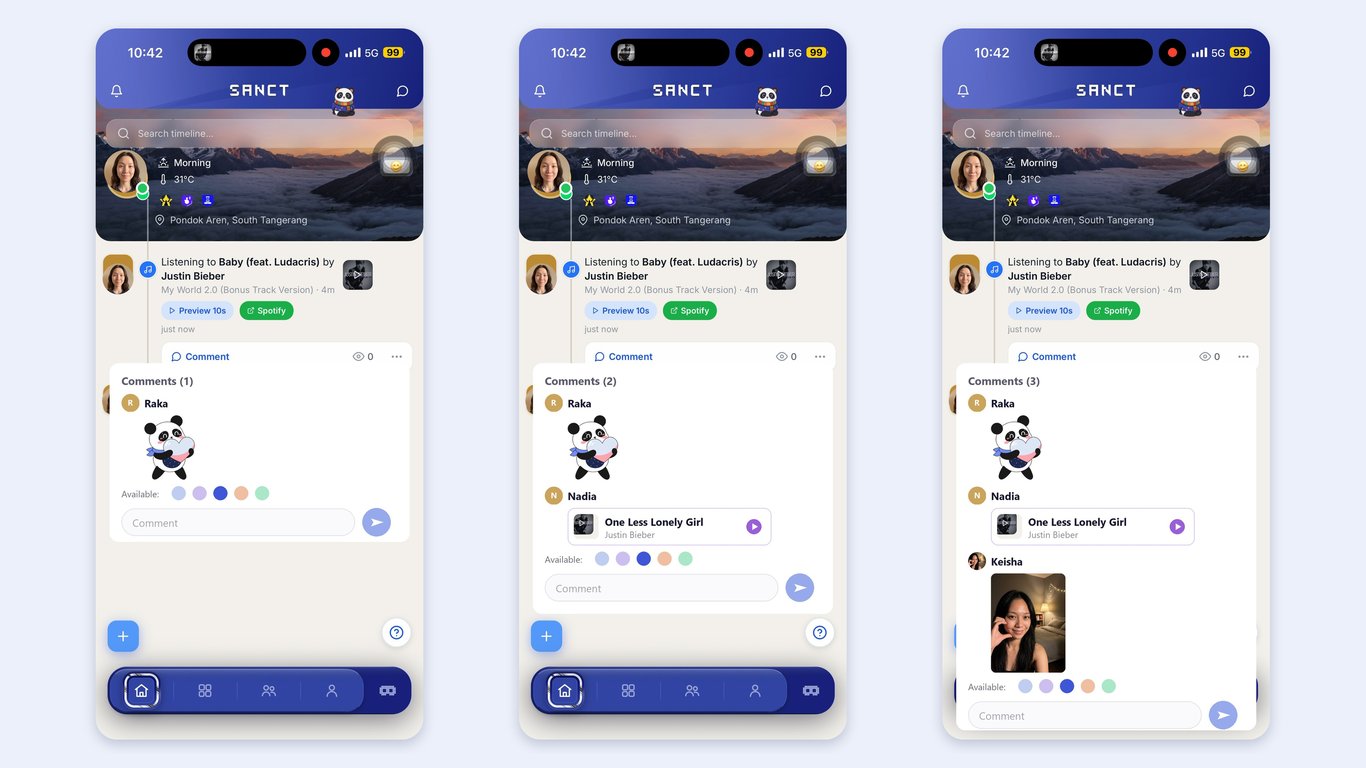 The song Clarissa shares, and the three replies that follow: a sticker, a song, a selfie. Episode 1, real app screens.