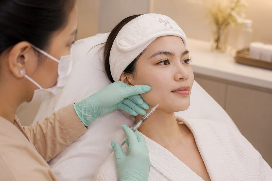 Practitioner assesses facial contours before Radiesse treatment.